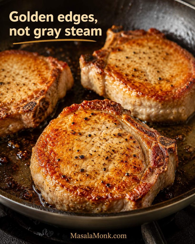 Pork chops searing in a skillet with golden-brown edges, pepper specks, and the text golden edges not gray steam.