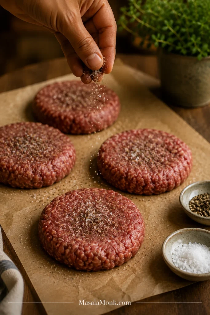 Hand sprinkling salt and pepper over shaped raw burger patties on parchment paper.