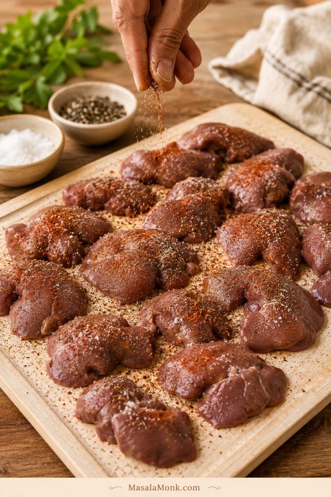 Chicken livers on a tray being seasoned with salt, pepper, paprika, and a light dusting before searing.