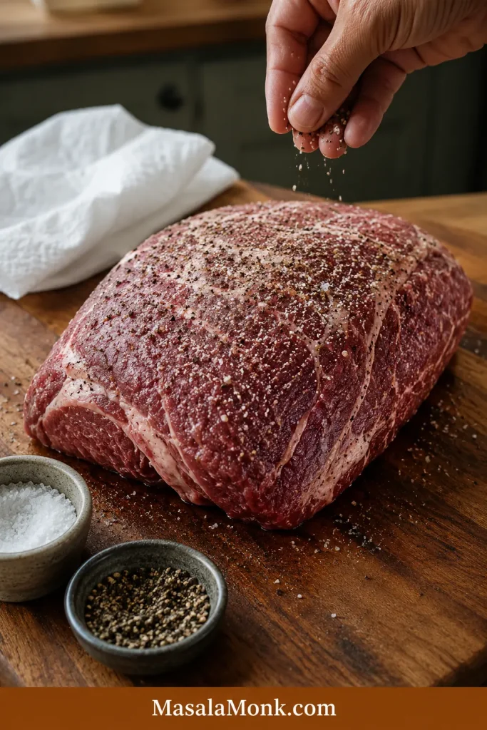 Raw beef shoulder roast on a wooden board being seasoned with salt and pepper before searing.