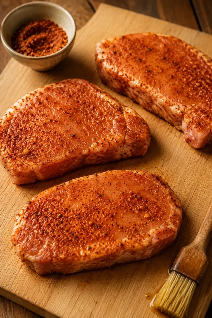 Raw boneless pork chops coated with paprika seasoning on a wooden cutting board.