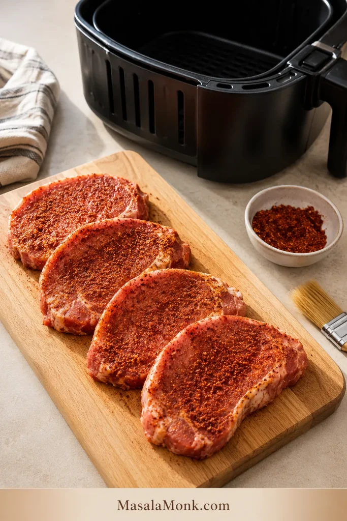 Seasoned boneless pork chops on a wooden board beside an air fryer basket, spice bowl, and oil brush.