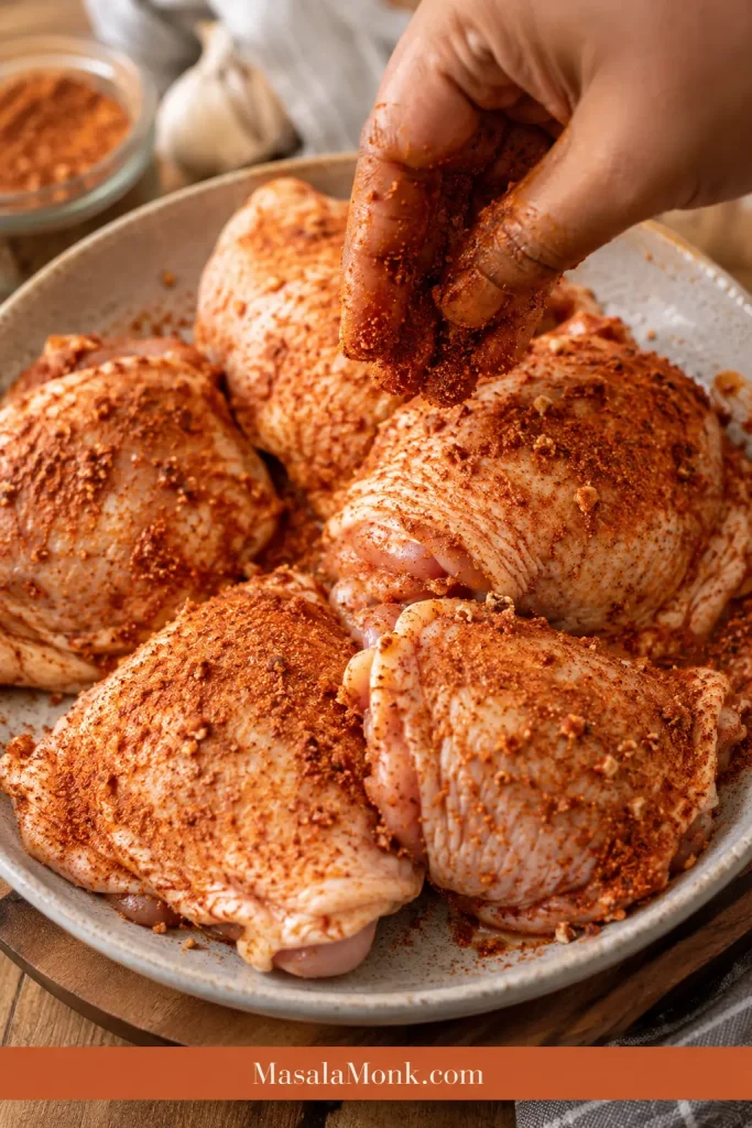 Raw chicken thighs being coated with a paprika garlic seasoning rub in a shallow bowl.