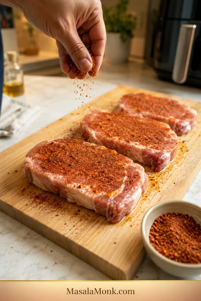 A hand sprinkles paprika-garlic seasoning over raw pork chops on a wooden cutting board.