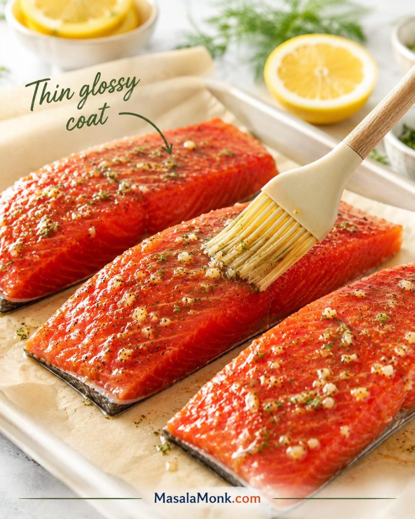 Lemon-garlic herb mixture brushed in a thin glossy layer over raw sockeye salmon fillets.