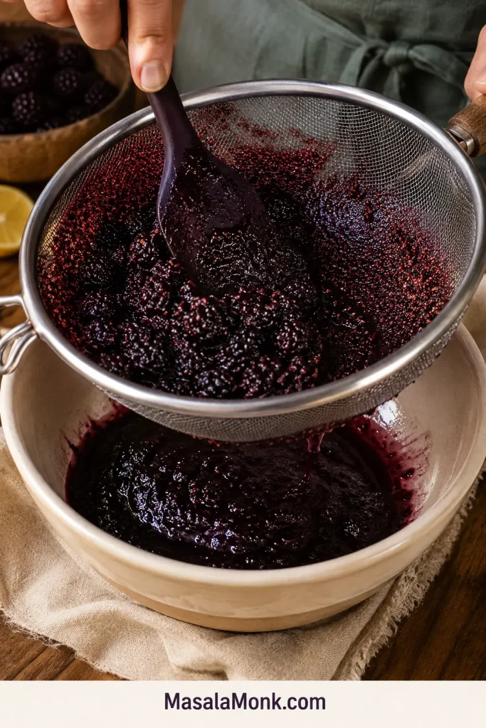 Cooked blackberries being pressed through a fine mesh sieve into a bowl, with seeds and pulp visible in the sieve.