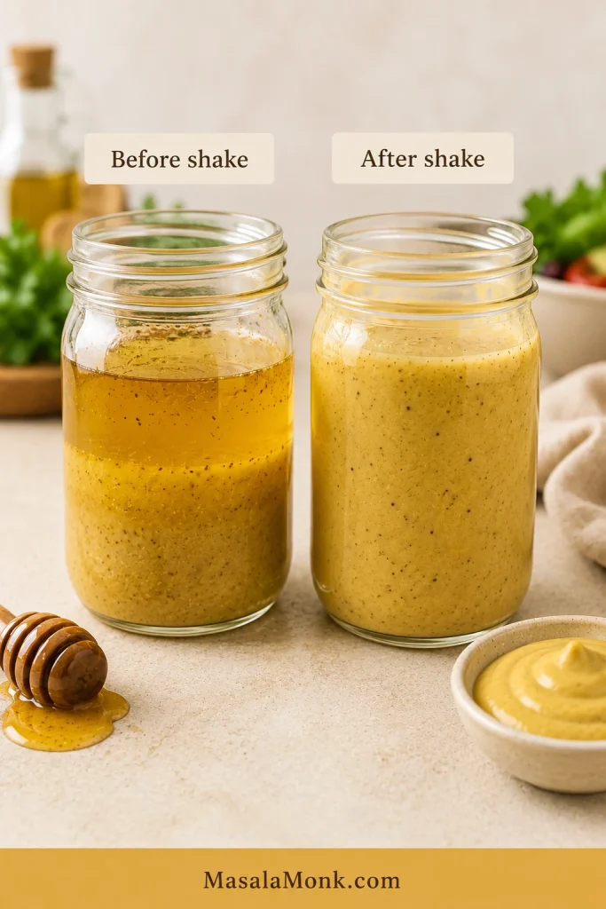 Two jars of honey mustard dressing labeled before shake and after shake, with separated dressing on the left and smooth dressing on the right.
