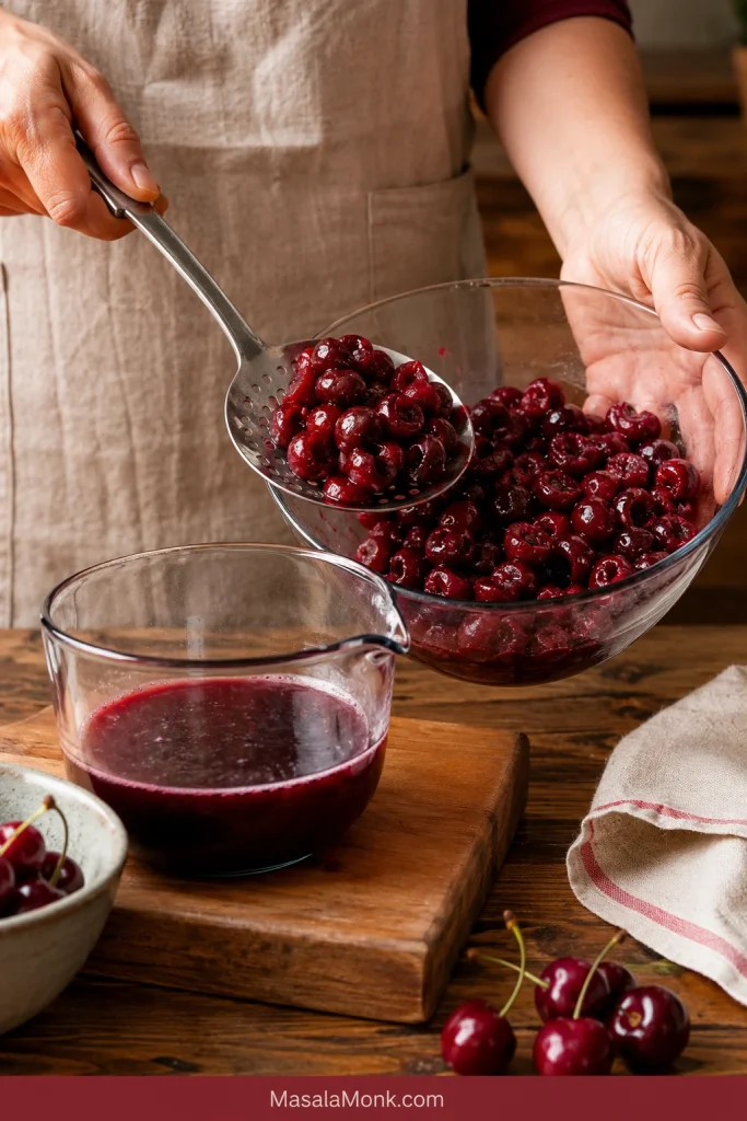 Hands lifting cherries with a slotted spoon from a glass bowl while red cherry juice remains below.