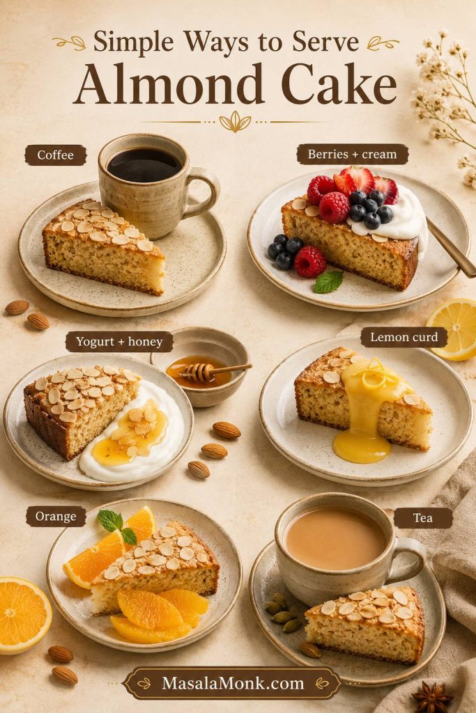 Serving ideas board for almond cake with coffee, berries and cream, yogurt and honey, lemon curd, orange segments, and tea.