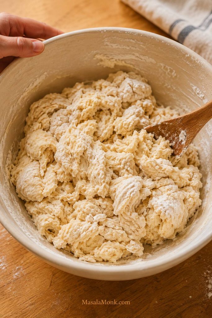 Shaggy cinnamon roll dough before kneading