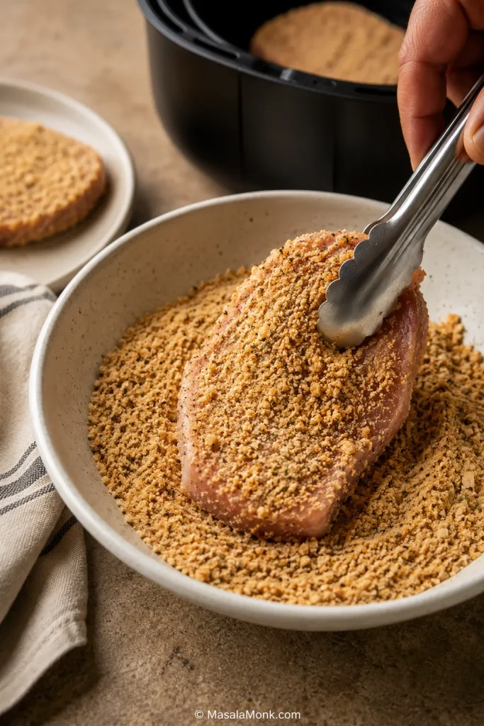 Boneless pork chop being coated in seasoned crumbs with tongs in a bowl.