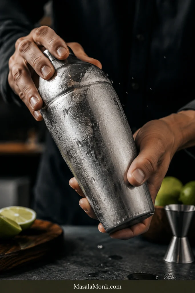 Hands shaking a frosted metal cocktail shaker with limes, jigger, and dark bar tools blurred in the background.