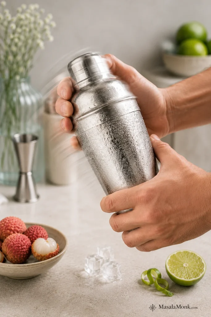 Hands shaking a metal cocktail shaker with ice while preparing a lychee martini.