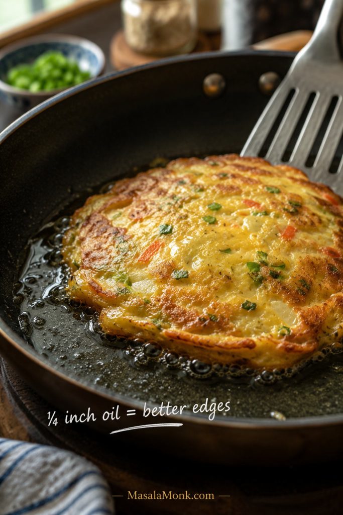 Egg Foo Young patty frying in shallow oil with bubbles around the golden edge and a spatula near the pan.