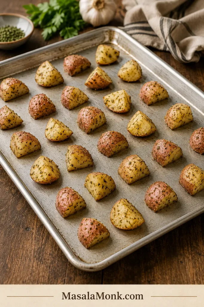 Ranch seasoned potato pieces spread apart on a rimmed metal sheet pan with several cut sides facing down.
