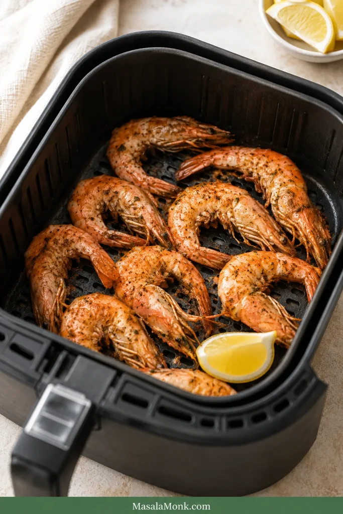 Shell-on shrimp or prawns cooked in a black air fryer basket with pink-orange shells and a lemon wedge.