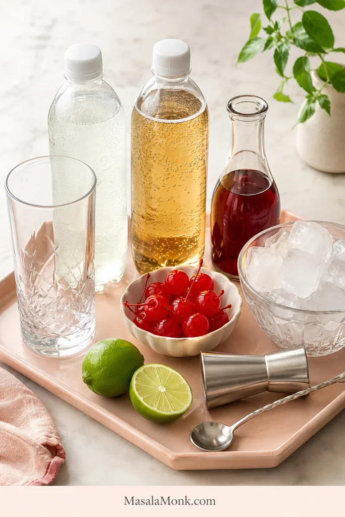 Shirley Temple ingredients arranged on a tray with grenadine, lemon-lime soda, ginger ale, cherries, lime, ice, and a glass.