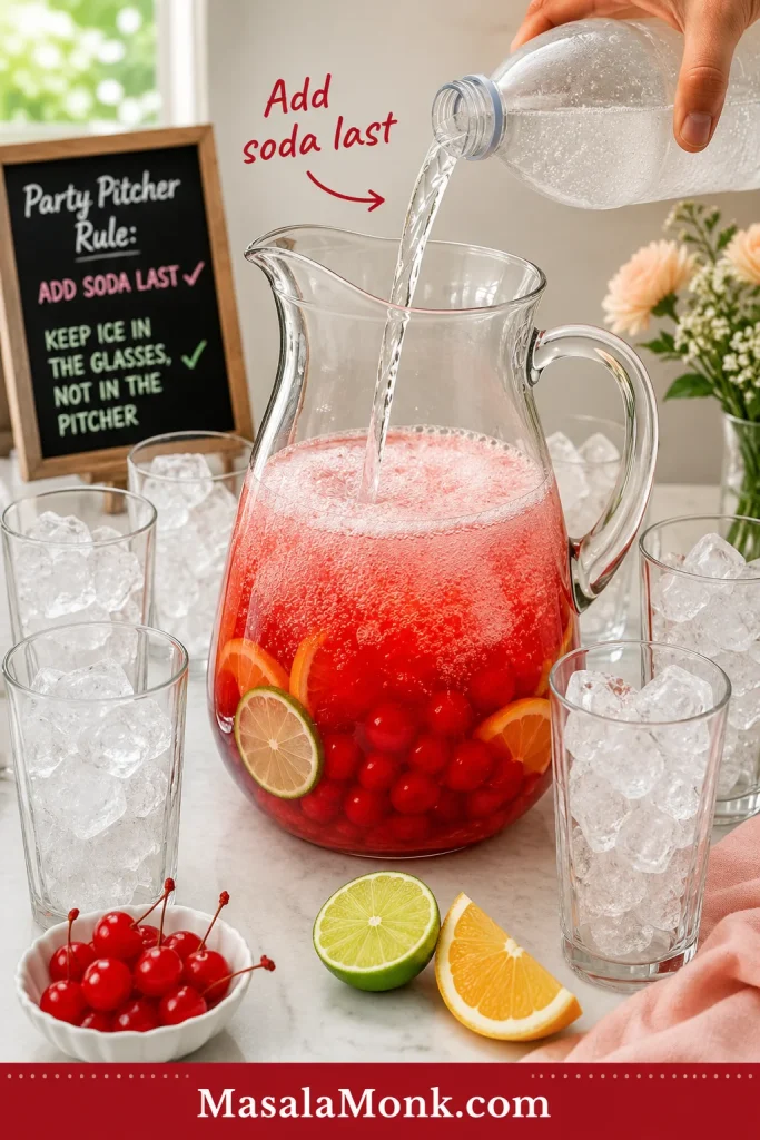 Shirley Temple party pitcher with red syrup base, cherries, citrus, ice-filled glasses, and soda being added last.