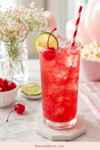 Tall glass of red Shirley Temple with ice, bubbles, a maraschino cherry, lime garnish, and a striped straw.