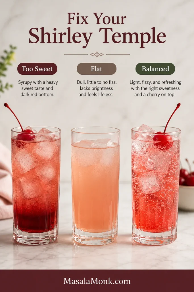 Three Shirley Temple glasses comparing a too-sweet drink, a flat drink, and a balanced fizzy drink.