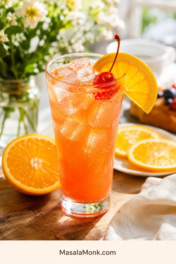 Red-orange Shirley Temple with orange juice, ice, orange garnish, cherries, and a straw on a brunch table.