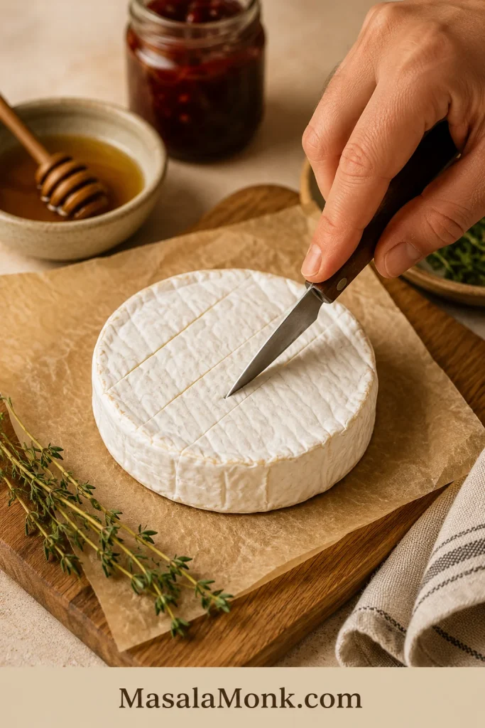 Hand using a small knife to score shallow lines across the top rind of a cold brie wheel on parchment.