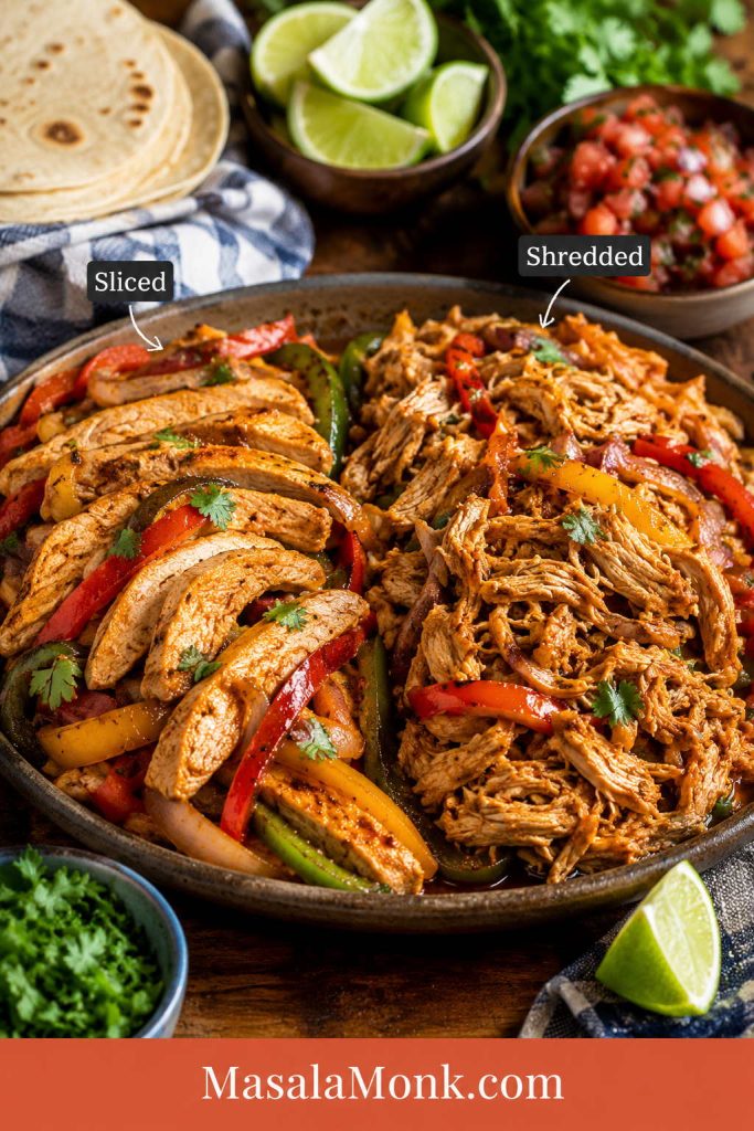 Side-by-side comparison of sliced slow cooker chicken fajitas and shredded chicken fajita filling with peppers, tortillas, lime, salsa, and cilantro.