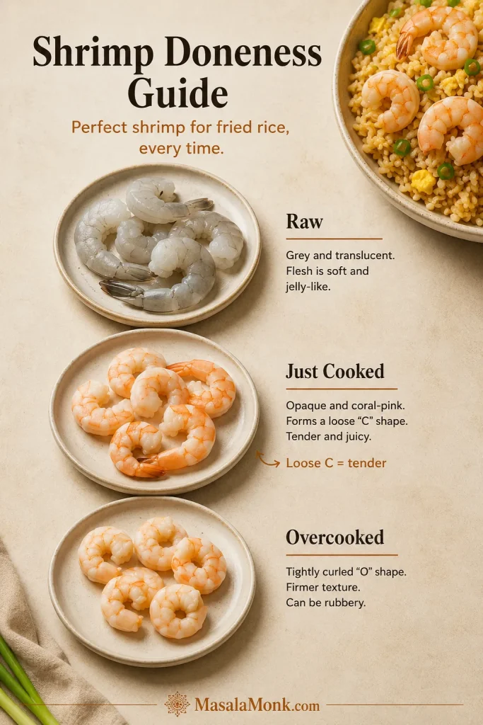 Shrimp doneness guide showing raw grey shrimp, just-cooked coral shrimp in a loose C shape, and overcooked tightly curled shrimp.