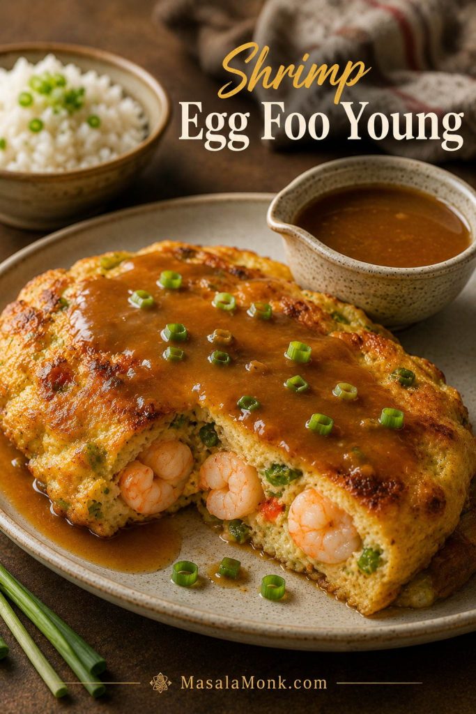 Shrimp Egg Foo Young patty cut open to show shrimp inside, served with brown gravy, scallions, and rice.