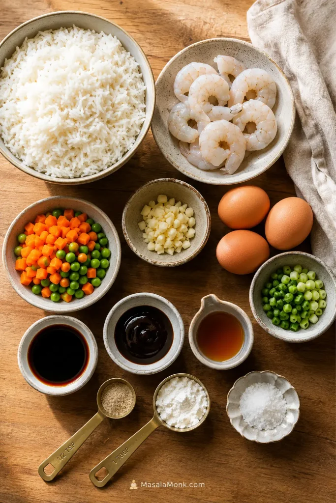 Overhead view of cooked rice, raw shrimp, three eggs, peas, carrots, garlic, scallions, soy sauce, oyster sauce, sesame oil, cornstarch, white pepper, and salt.