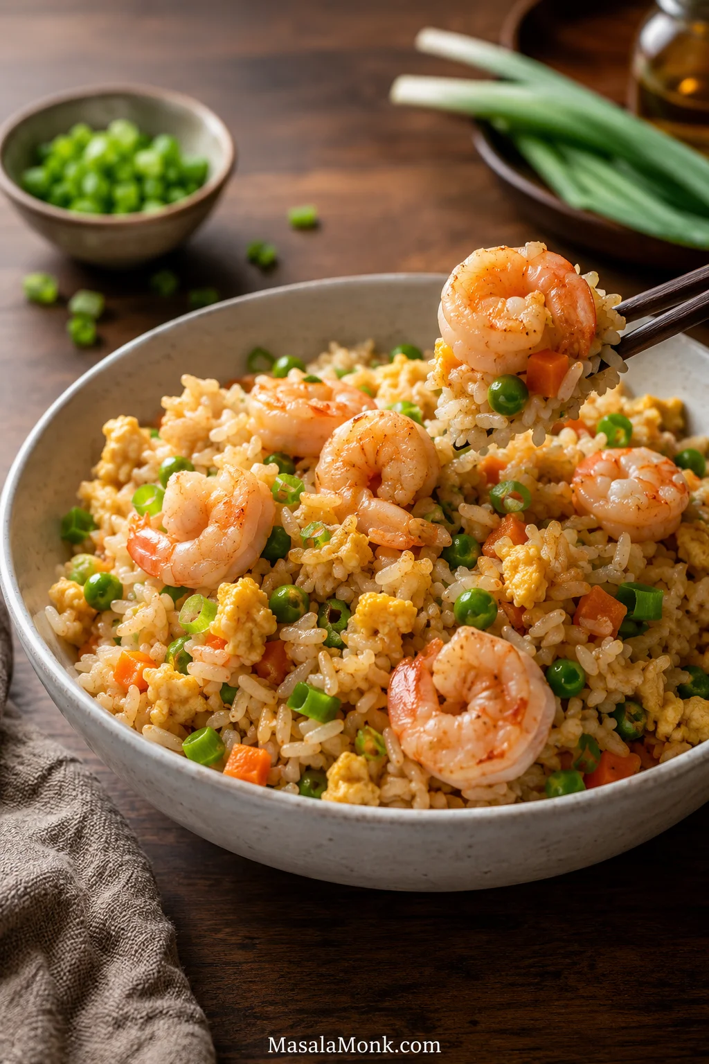 Bowl of shrimp fried rice with plump shrimp, scrambled egg, peas, carrots, scallions, and chopsticks lifting a bite of rice.