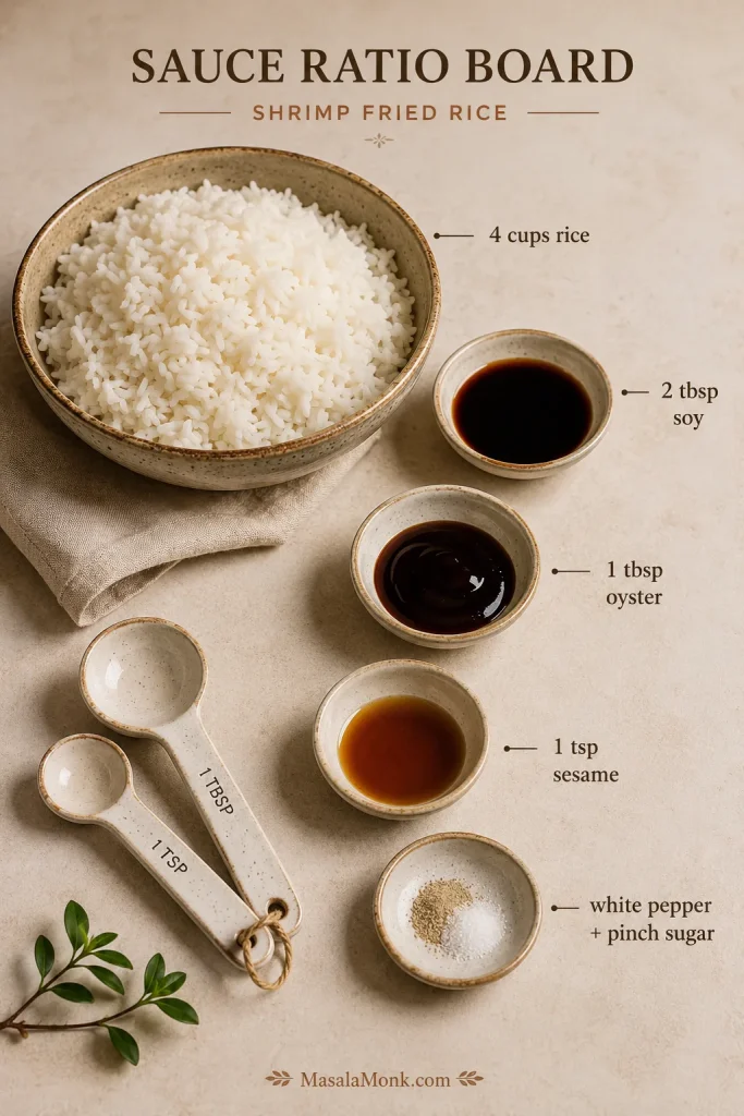 Sauce ratio board showing four cups of rice with soy sauce, oyster sauce, sesame oil, white pepper, and sugar.