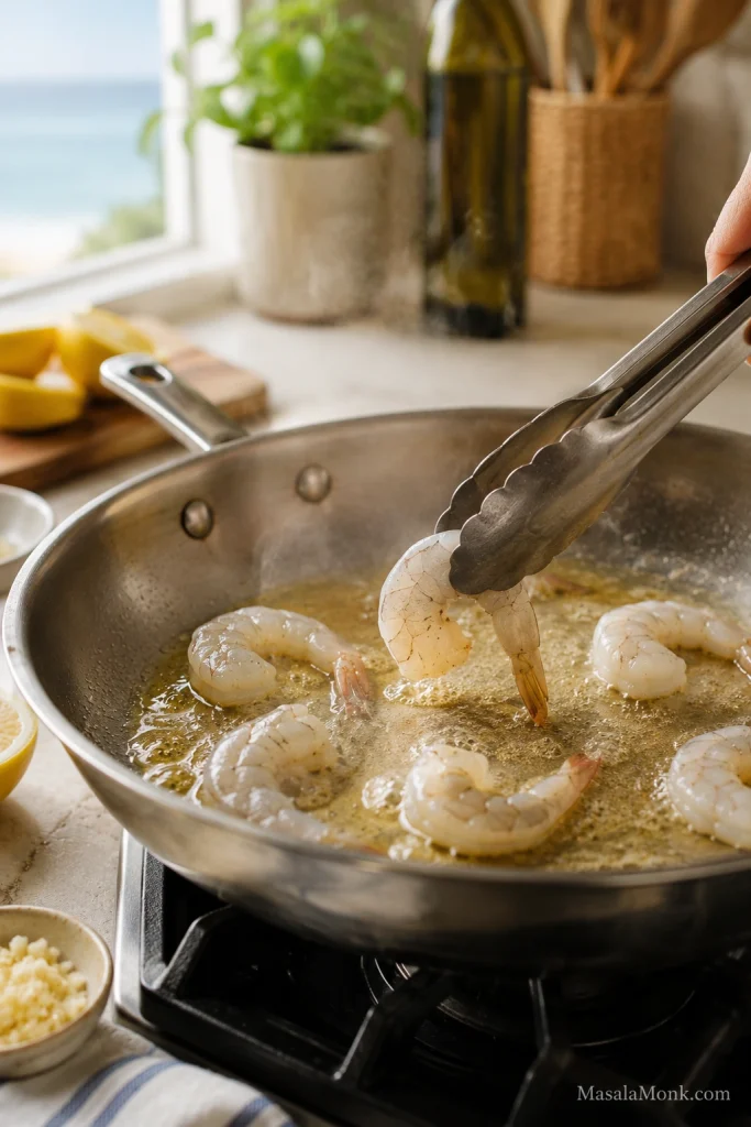 Shrimp being added to a hot skillet with melted butter and olive oil.