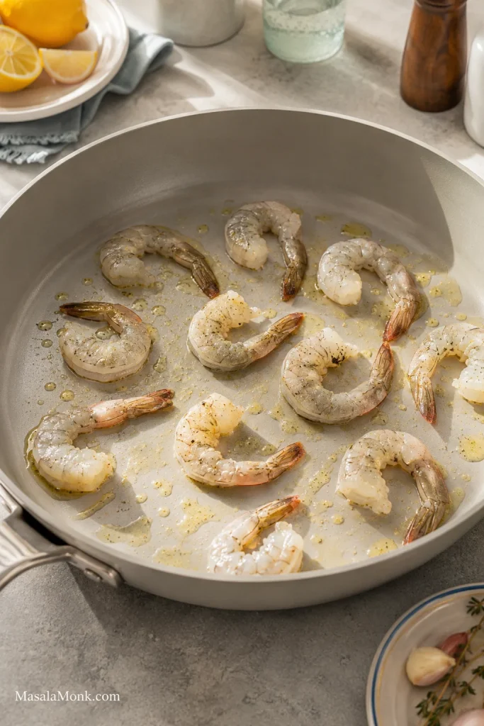 Raw shrimp spaced in one layer in a wide skillet with oil or butter.