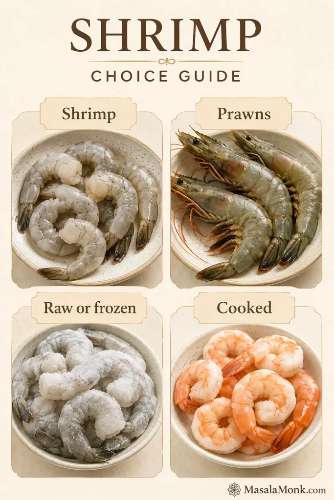 Guide showing shrimp, prawns, raw or frozen shrimp, and cooked shrimp for shrimp scampi.