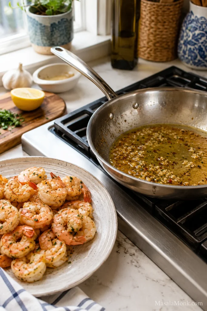 Cooked shrimp resting on a plate beside a skillet with garlic butter pan juices.