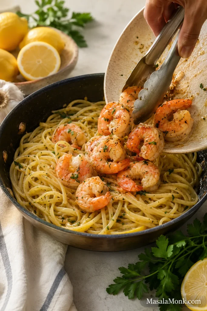 Cooked shrimp being added back to shrimp scampi pasta in a skillet.