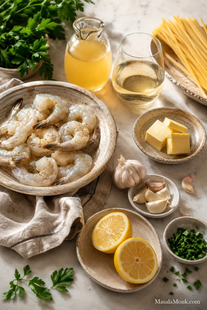 Shrimp scampi ingredients including shrimp, garlic, lemon, butter, parsley, pasta, wine, and stock.
