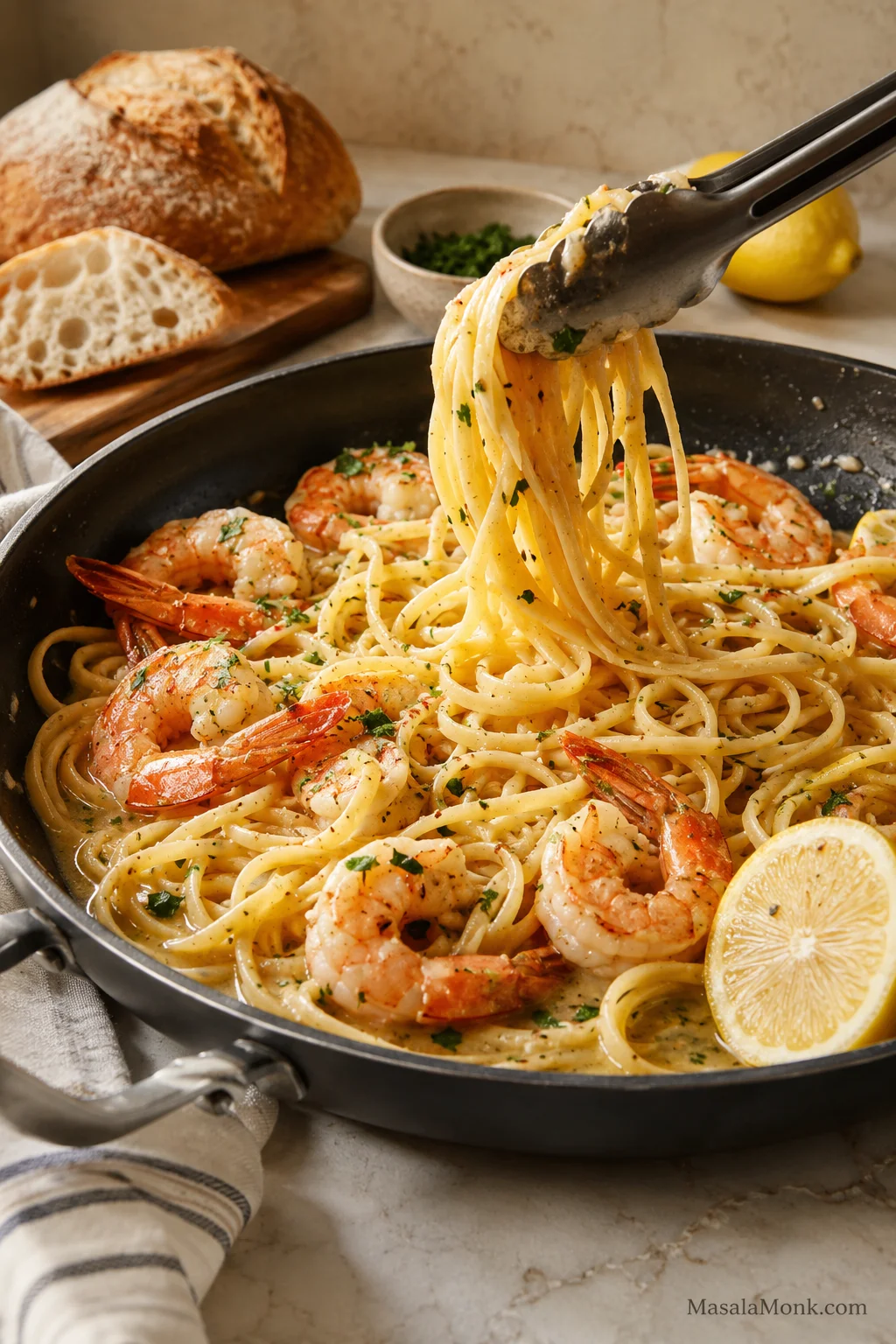Shrimp scampi pasta in a skillet with shrimp, lemon, parsley, bread, and tongs lifting noodles.