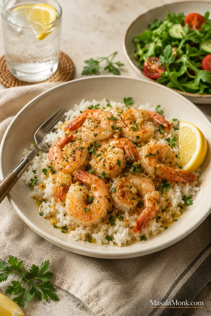 Shrimp scampi served over white rice with lemon, parsley, fork, and a green salad nearby.