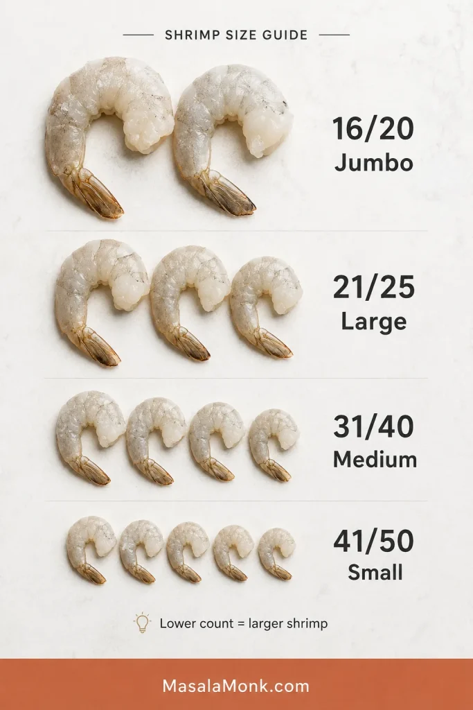 Shrimp size guide showing 16/20 jumbo, 21/25 large, 31/40 medium, and 41/50 small shrimp arranged from largest to smallest.