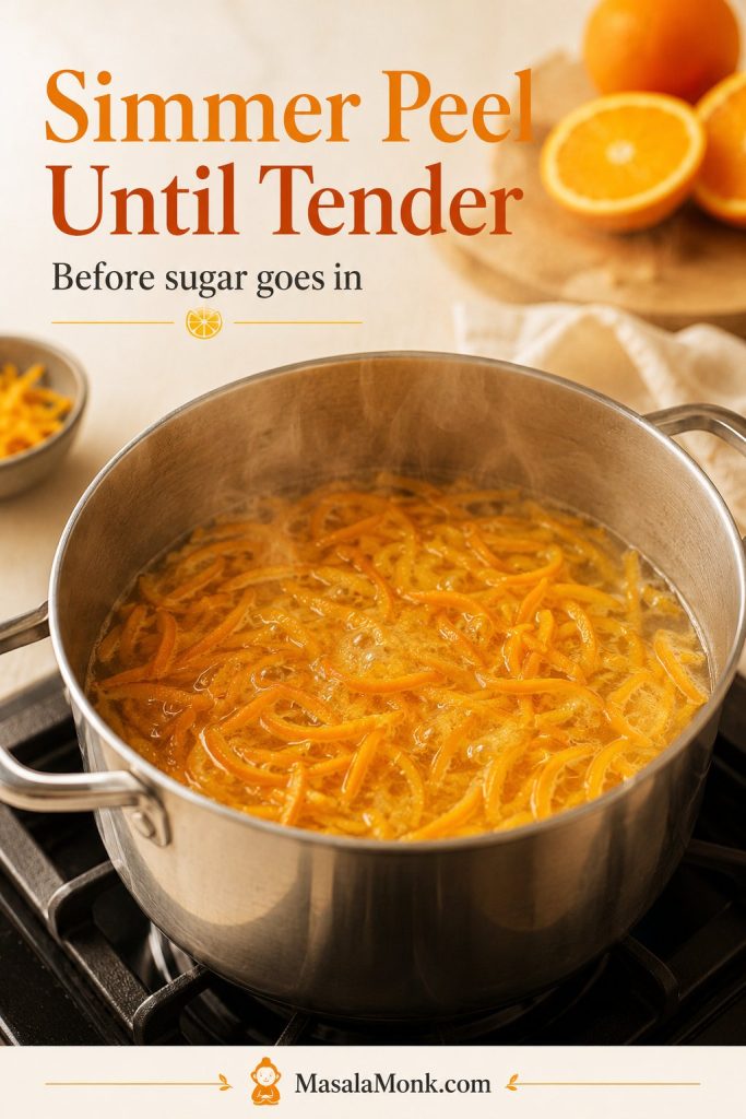 Orange peel strips simmering in water inside a saucepan on the stovetop before sugar is added.