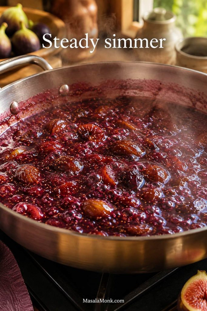Fig jam simmering in a wide pan with steady bubbles and softened fruit.