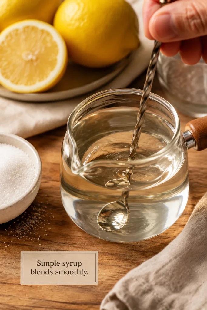 Clear simple syrup being stirred in a glass pot with sugar, lemons, and a linen cloth on a warm wooden surface.