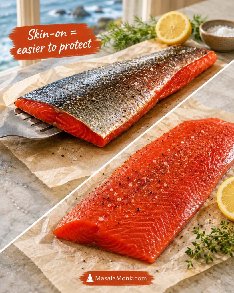 Skin-on sockeye salmon fillet lifted with a spatula compared with a skinless sockeye fillet on parchment.