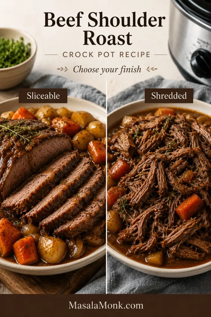 Comparison image showing sliced beef shoulder roast on one side and shredded beef shoulder roast in cooking juices on the other.