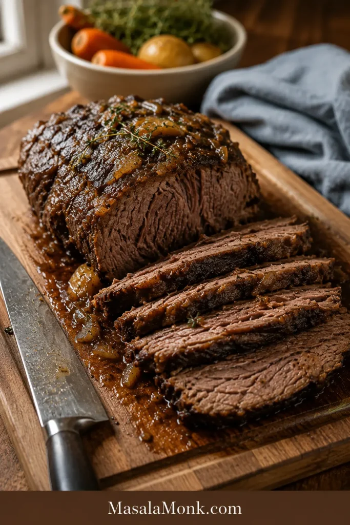 Cooked beef shoulder roast sliced on a wooden cutting board with a knife beside the meat.