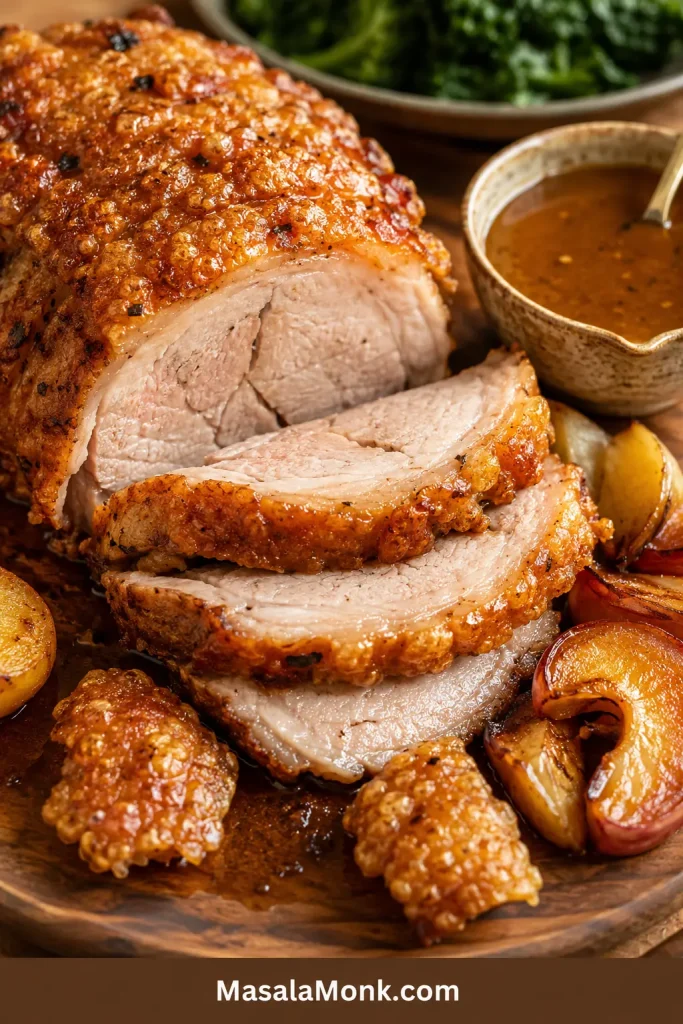 Sliced pork leg roast with moist meat, crisp golden crackling pieces, gravy, roasted apples, potatoes, and vegetables.