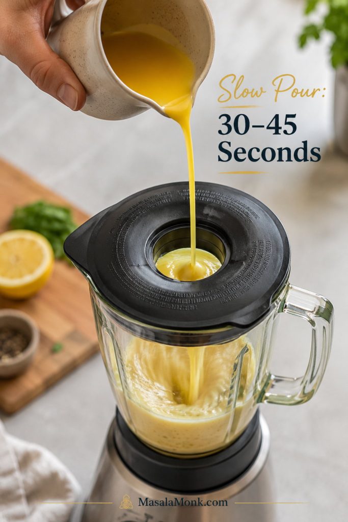 Thin stream of hot melted butter being poured into a blender to make hollandaise sauce.