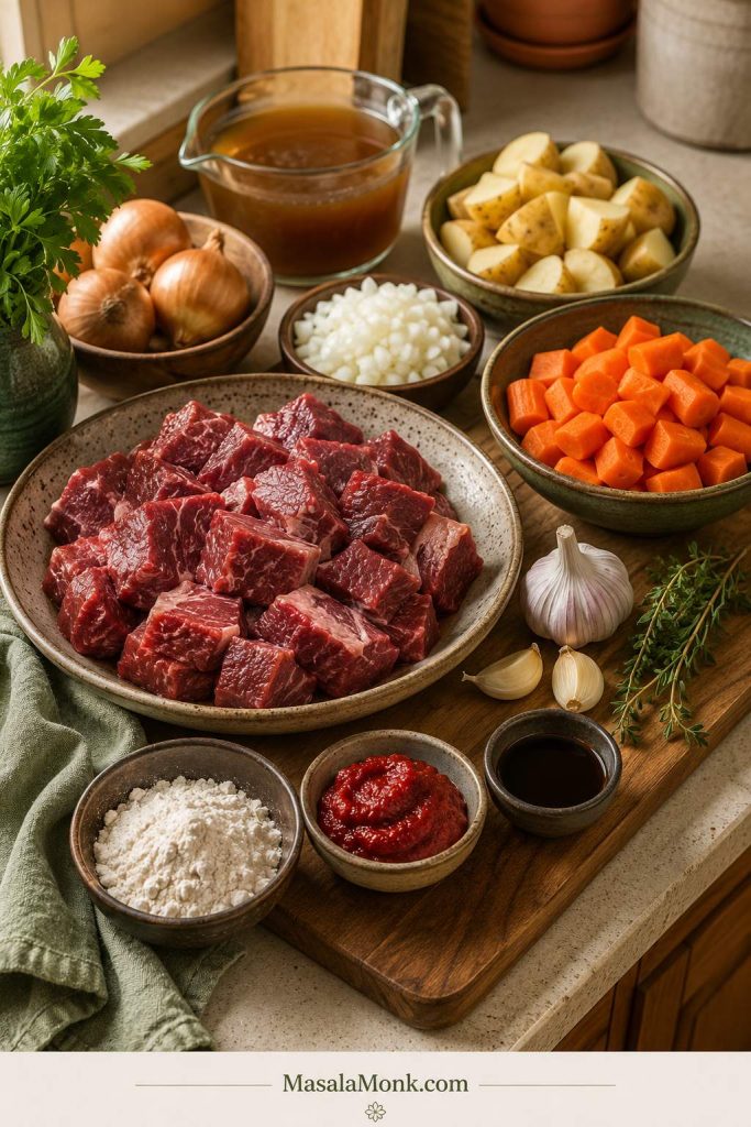Beef chuck, potatoes, carrots, onion, garlic, broth, herbs, flour, and tomato paste arranged on a kitchen counter.